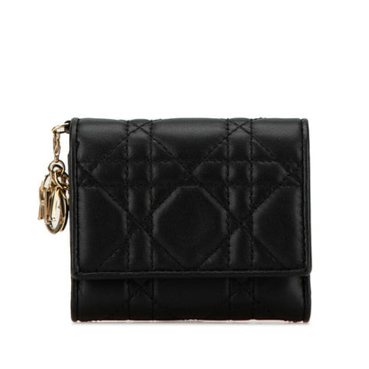 Christian Dior Dior Cannage Tri-Fold Wallet Compact Black Leather