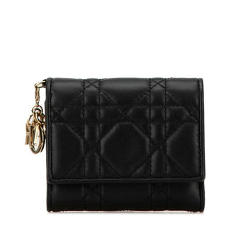 Christian Dior Dior Cannage Tri-Fold Wallet Compact Black Leather