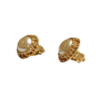 Chanel Vintage Faux Pearl Circle Clip Earrings