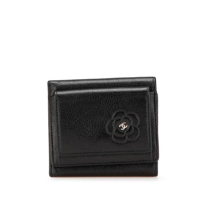 Chanel Camellia Coco Mark Tri-Fold Wallet Compact Black Lambskin