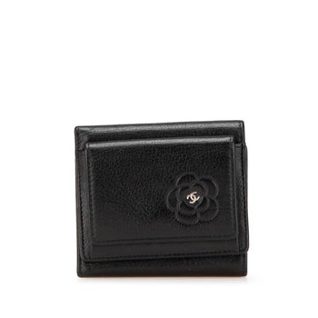 Chanel Camellia Coco Mark Tri-Fold Wallet Compact Black Lambskin