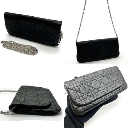 Christian Dior Chain Wallet Pouch Cannage Lambskin Black