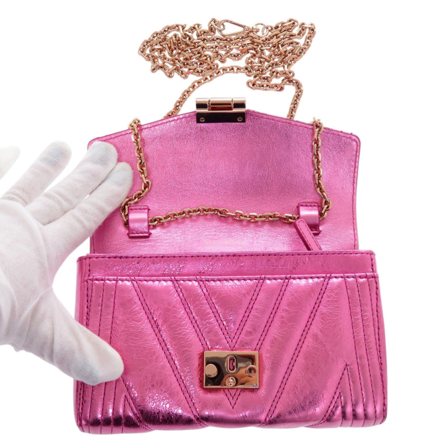 Like New Mcm Calfskin Metallic Pink Shoulder Bag With Gold Hardware And Chain Closure