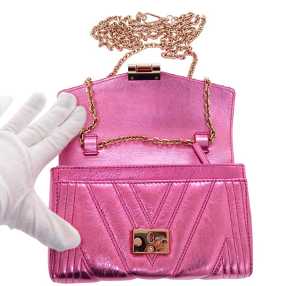 Like New Mcm Calfskin Metallic Pink Shoulder Bag With Gold Hardware And Chain Closure