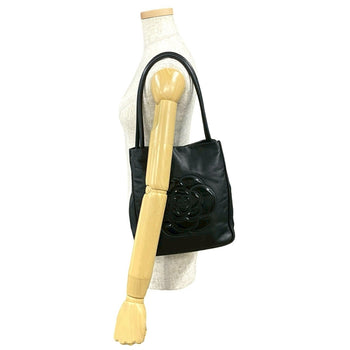 Chanel Camellia Logo Leather Tote Bag Handbag Black 29098