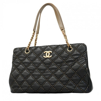 Chanel Shoulder Bag Wild Stitch Chain Leather Black Champagne