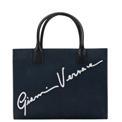 Versace Handbag Tote Bag Navy Canvas Leather
