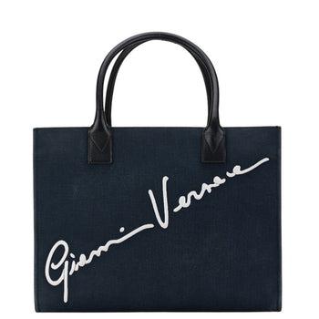 Versace Handbag Tote Bag Navy Canvas Leather