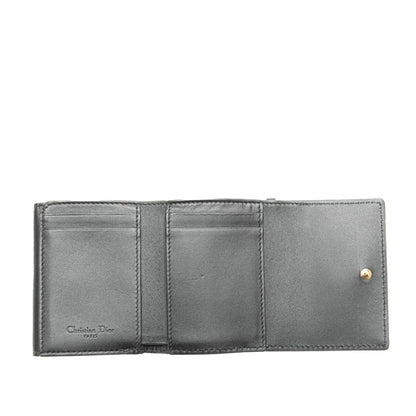 Christian Dior Dior Cannage Tri-Fold Wallet Compact Black Leather