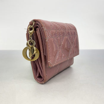 Christian Dior Tri-Fold Wallet Cannage Enamel Pink Champagne