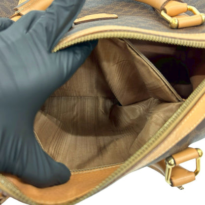 Nearly Unused Celine Macadam Pattern Triomphe Logo Leather Handbag/Mini Boston Bag In Brown