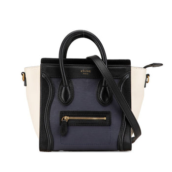 Celine Luggage Nano Shopper Tricolor Handbag Shoulder Bag 2Way Navy Black White Leather