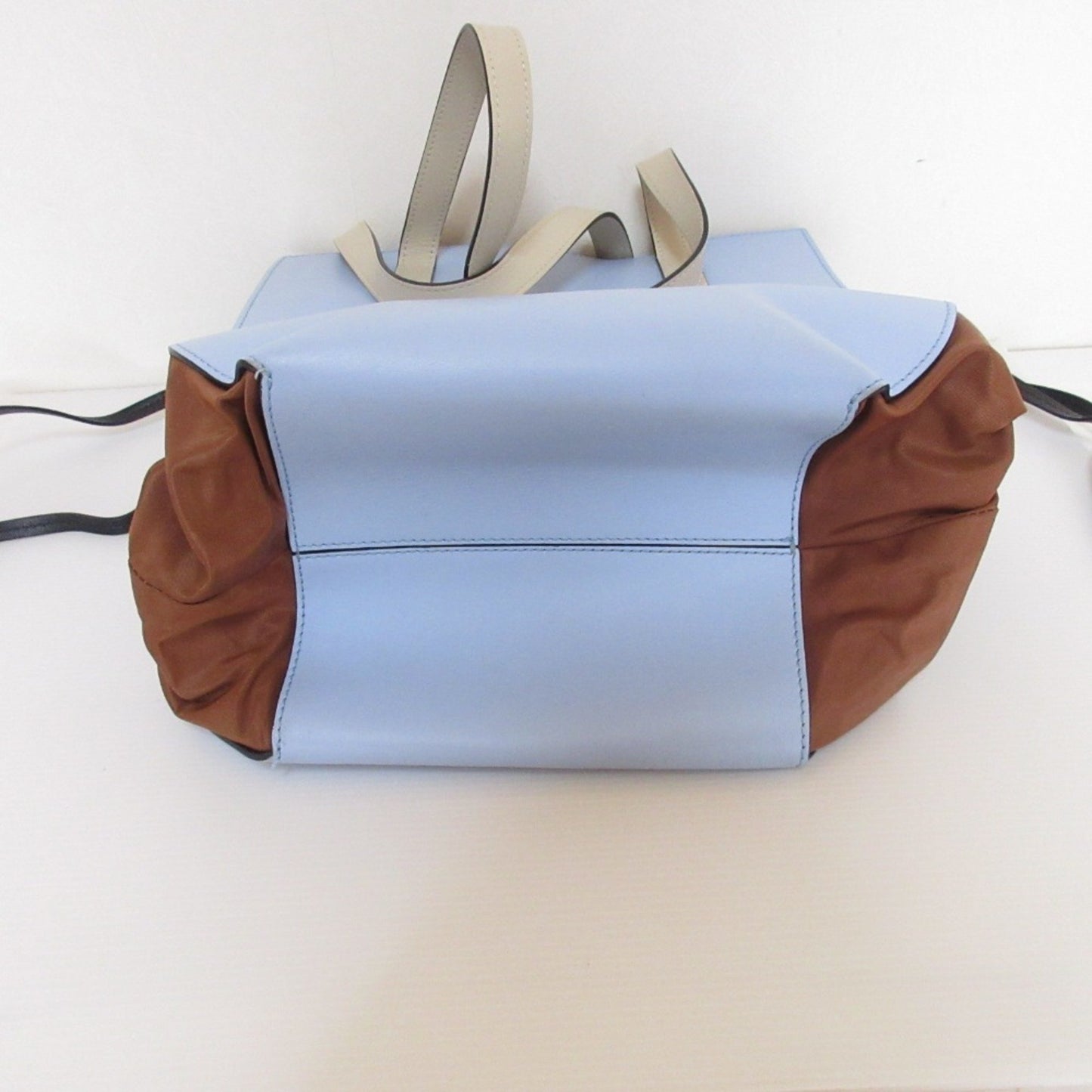 Marni Gusset Leather Drawstring Tote Bag One Shoulder Light Blue X Brown