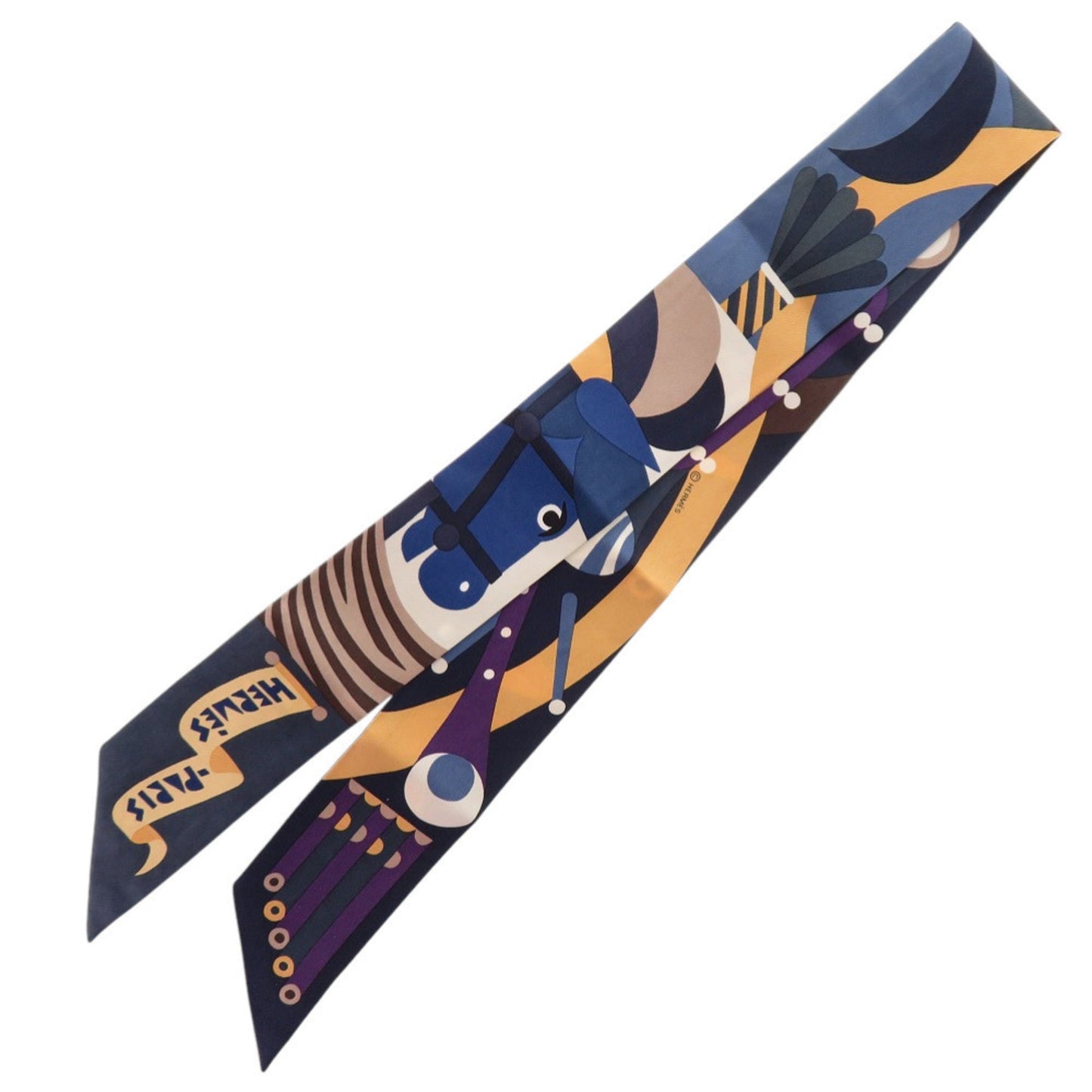 Herms Twilly "Parade En Fanfare" Silk Ardoise Blue Jean Beige Scarf Muffler 0154 Hermes
