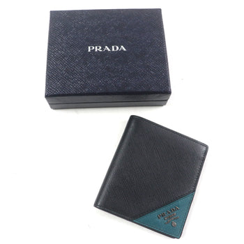 Prada 2Mo004 Saffiano Leather Two-Tone Compact Wallet With Logo Hardware
