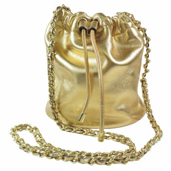 Ralph Lauren Women'S Gold Leather Drawstring Shoulder Bag With Chain Strap