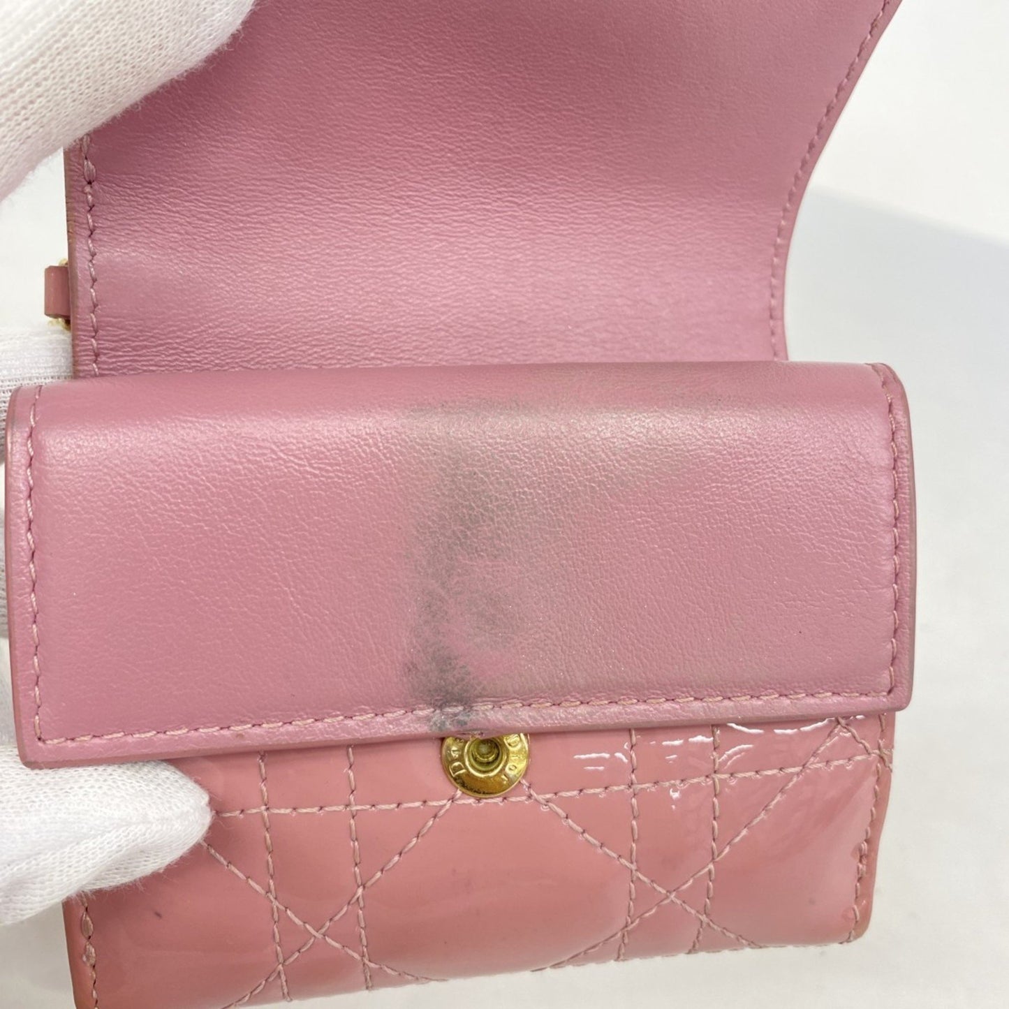 Christian Dior Tri-Fold Wallet Cannage Enamel Pink Champagne