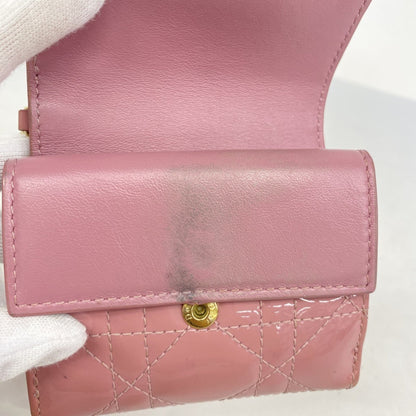 Christian Dior Tri-Fold Wallet Cannage Enamel Pink Champagne