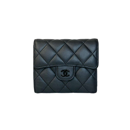 Chanel Matelasse Coco Mark Lambskin Leather Tri-Fold Wallet In Metallic Black 95841