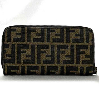 Fendi Round Long Wallet Ec-23576 Khaki Green Zucca Pvc Leather Fendi Ff Dark Pattern