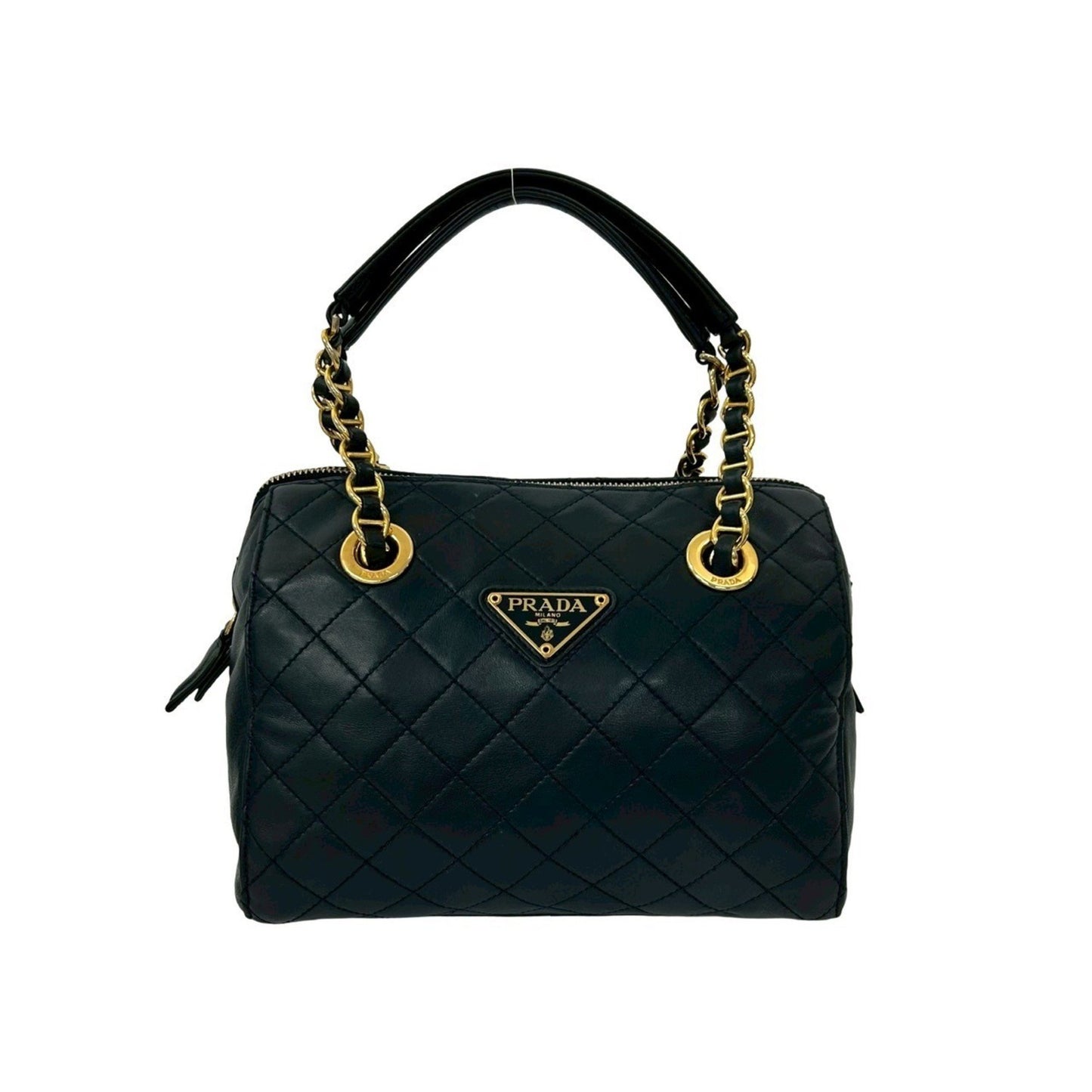 Prada Triangle Logo Quilted Leather Chain Handbag/Mini Boston Bag Navy 21982