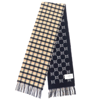 Gucci 597527 100% Wool Check And Gg Pattern Reversible Scarf With Fringe