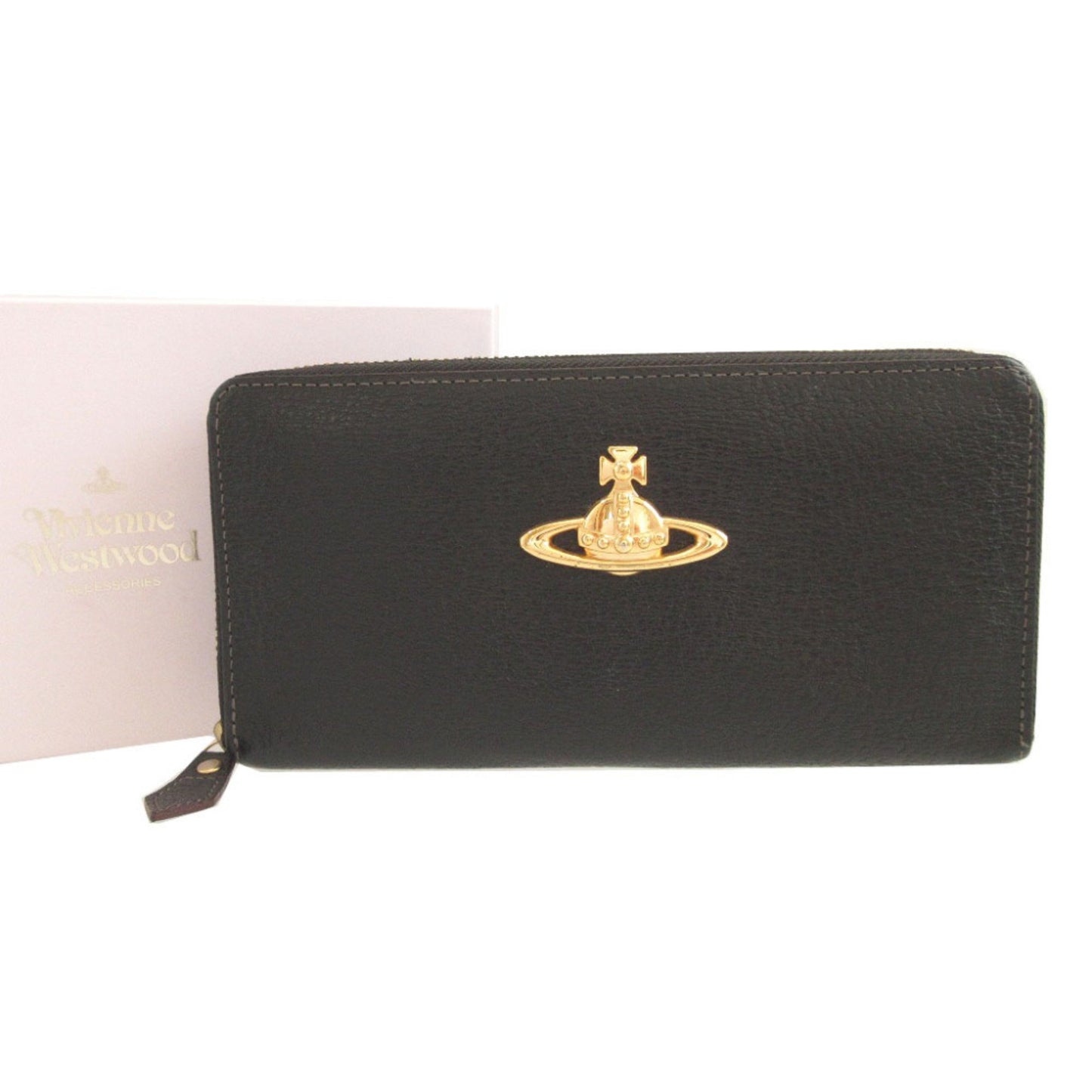 Like New Vivienne Westwood Orb Pattern Leather Black Round Zip Long Wallet 1658