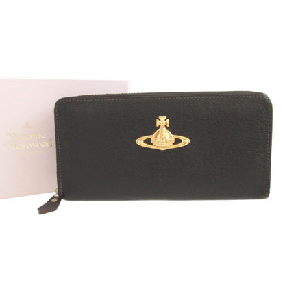 Like New Vivienne Westwood Orb Pattern Leather Black Round Zip Long Wallet 1658