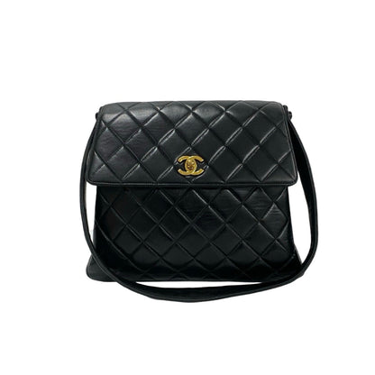 Chanel Matelasse Coco Mark Lambskin Genuine Leather One-Shoulder Bag Tote Black 37958
