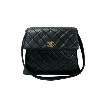 Chanel Matelasse Coco Mark Lambskin Genuine Leather One-Shoulder Bag Tote Black 37958