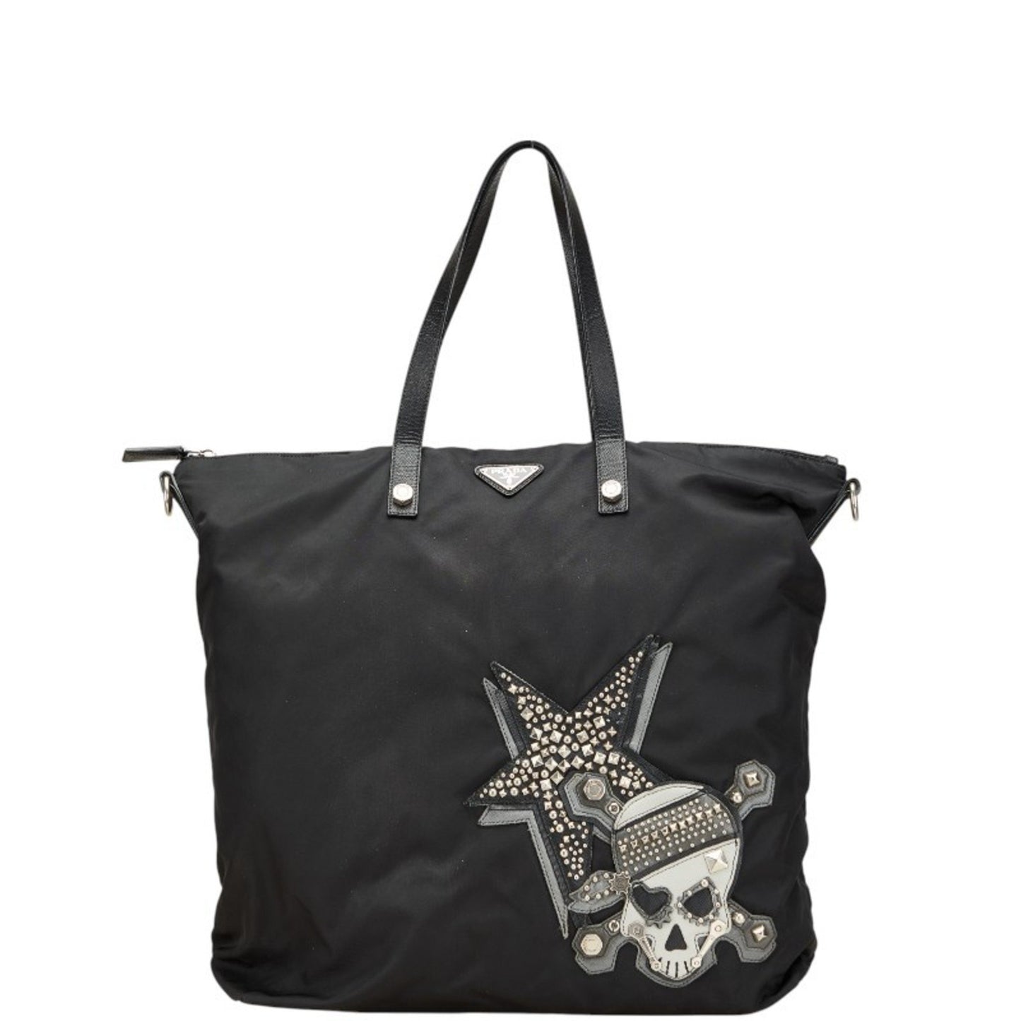 Prada Skull Stud Handbag Tote Bag Black Nylon Leather