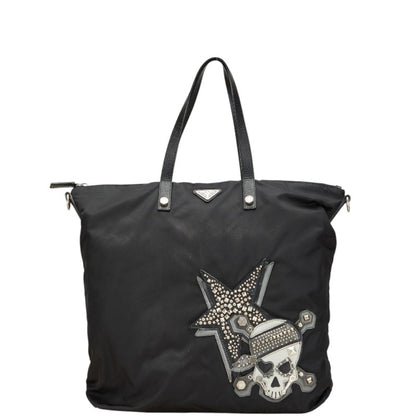Prada Skull Stud Handbag Tote Bag Black Nylon Leather