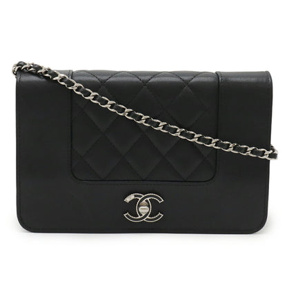 Chanel Mademoiselle Matelasse Chain Wallet Shoulder Bag Pochette Leather Black A80972