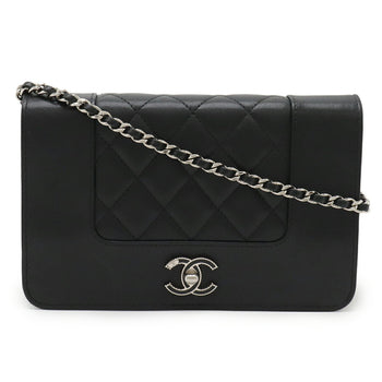 Chanel Mademoiselle Matelasse Chain Wallet Shoulder Bag Pochette Leather Black A80972