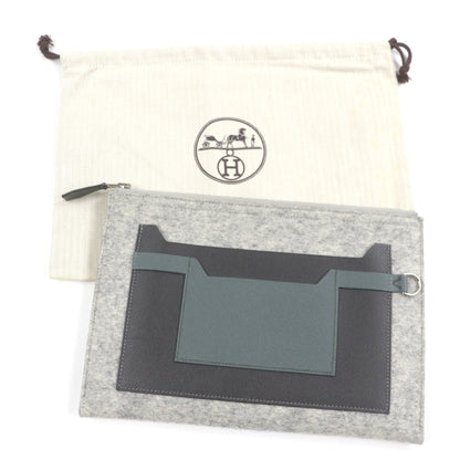 Hermes Too Doo 29 Felt And Epsom Leather Flat Pouch/Clutch Bag With Silver Hardware