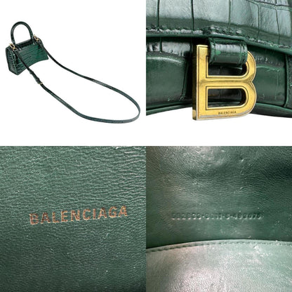 Balenciaga Handbag Shoulder Bag Hourglass Top Handle Embossed Leather Dark Green Gold