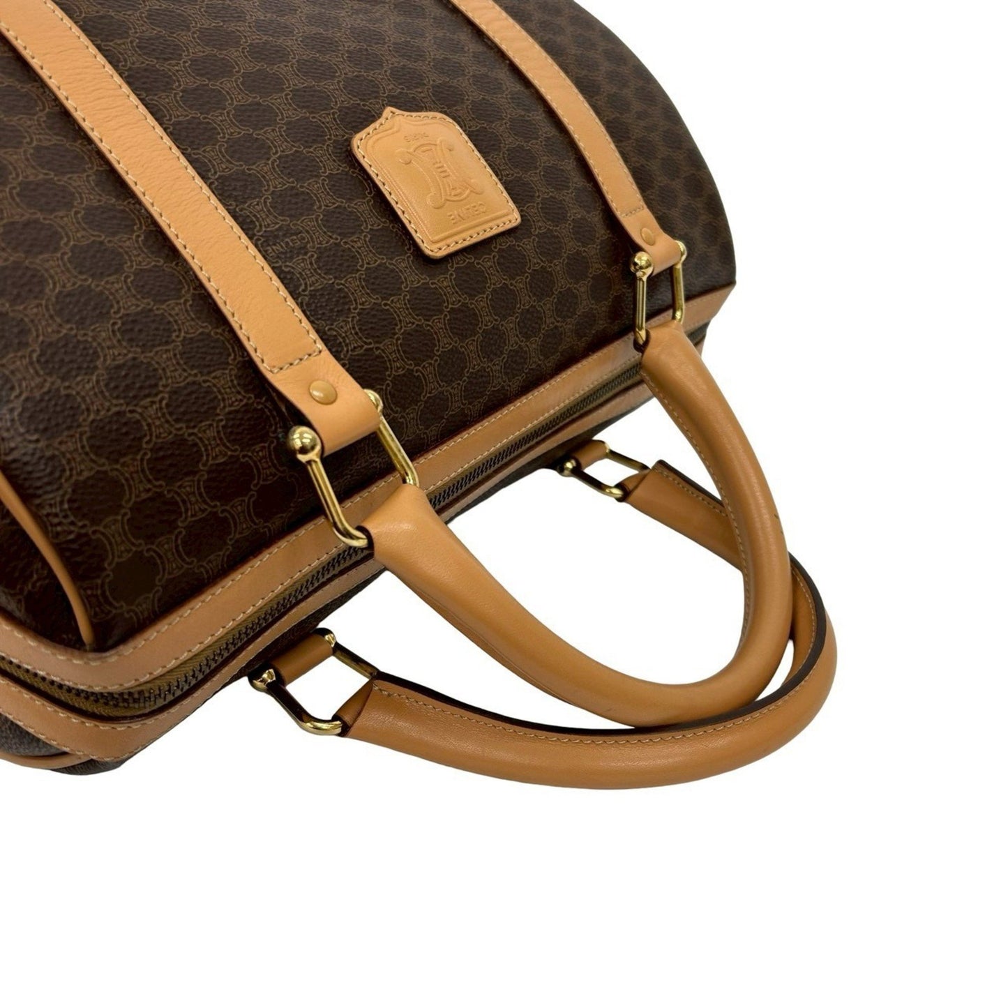 Nearly Unused Celine Macadam Pattern Triomphe Logo Leather Handbag/Mini Boston Bag In Brown