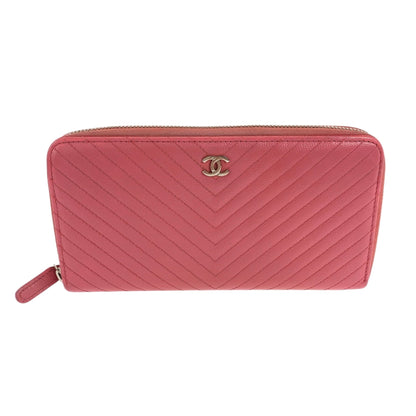 Chanel V Chevron Stitch Coco Mark Pink Gold Hardware Caviar Skin Long Wallet Round Zipper