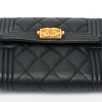 Chanel Boy Chanel Tri-Fold Wallet Compact A80743 Caviar Skin Black S-157867