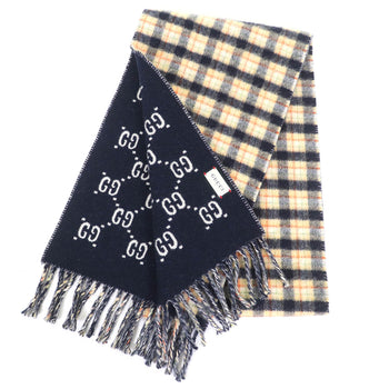Gucci 597527 100% Wool Check And Gg Pattern Reversible Scarf With Fringe