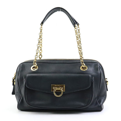 Salvatore Ferragamo Handbag Gancini Leather Black Gold