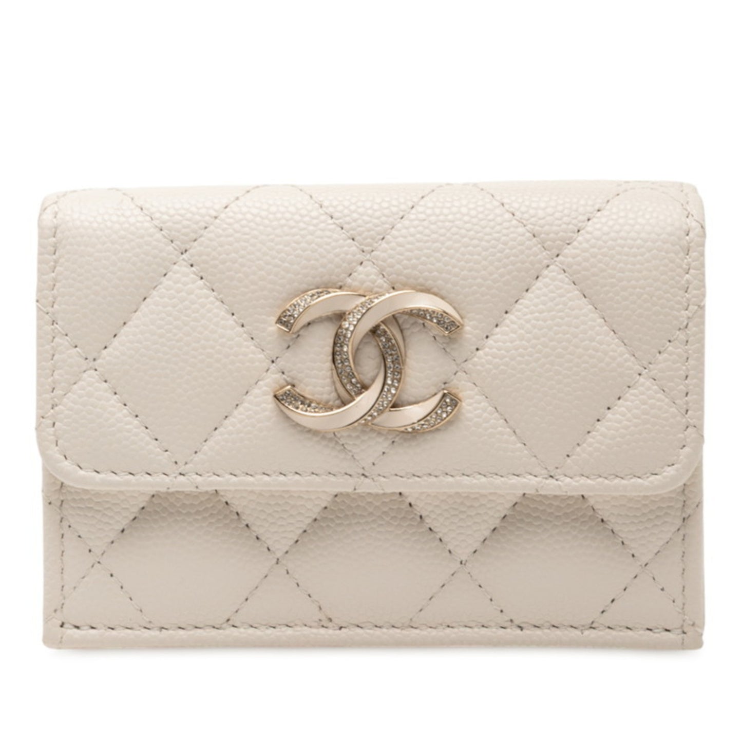 Chanel Matelasse Coco Mark Rhinestone Tri-Fold Wallet In White Caviar Leather