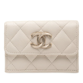 Chanel Matelasse Coco Mark Rhinestone Tri-Fold Wallet In White Caviar Leather