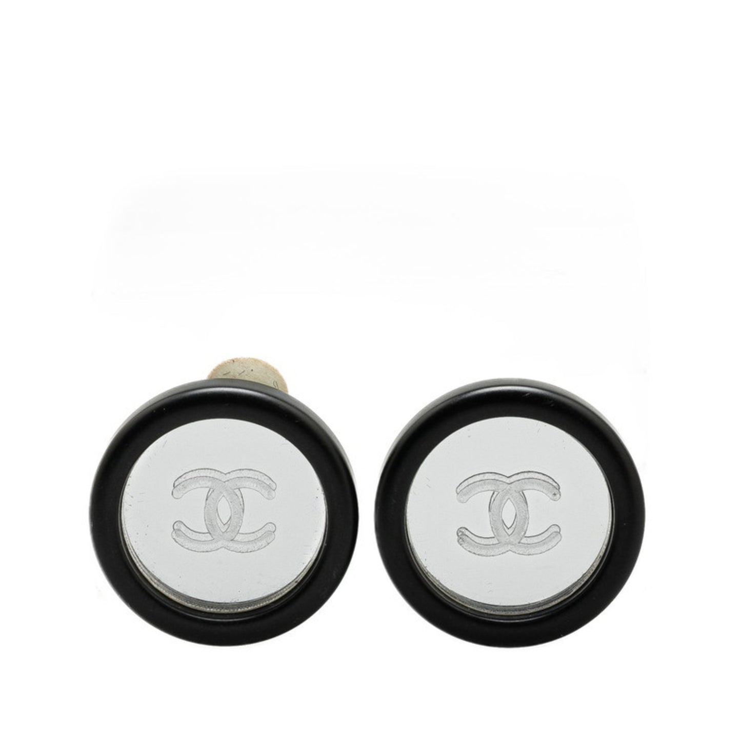 Vintage Chanel Coco Mark Round Mirror Earrings In Black Plastic