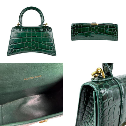 Balenciaga Handbag Shoulder Bag Hourglass Top Handle Embossed Leather Dark Green Gold