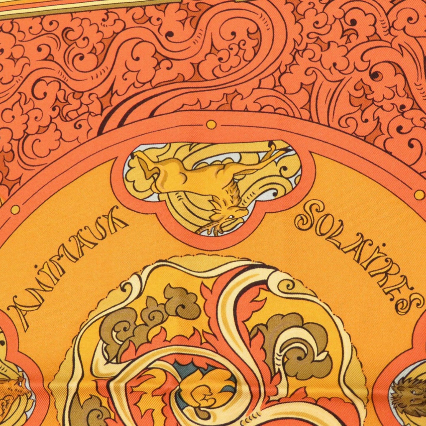 Herms Carr 90 "Animaux Solaires" Sun Animals Silk Orange Scarf Muffler 0097 Hermes