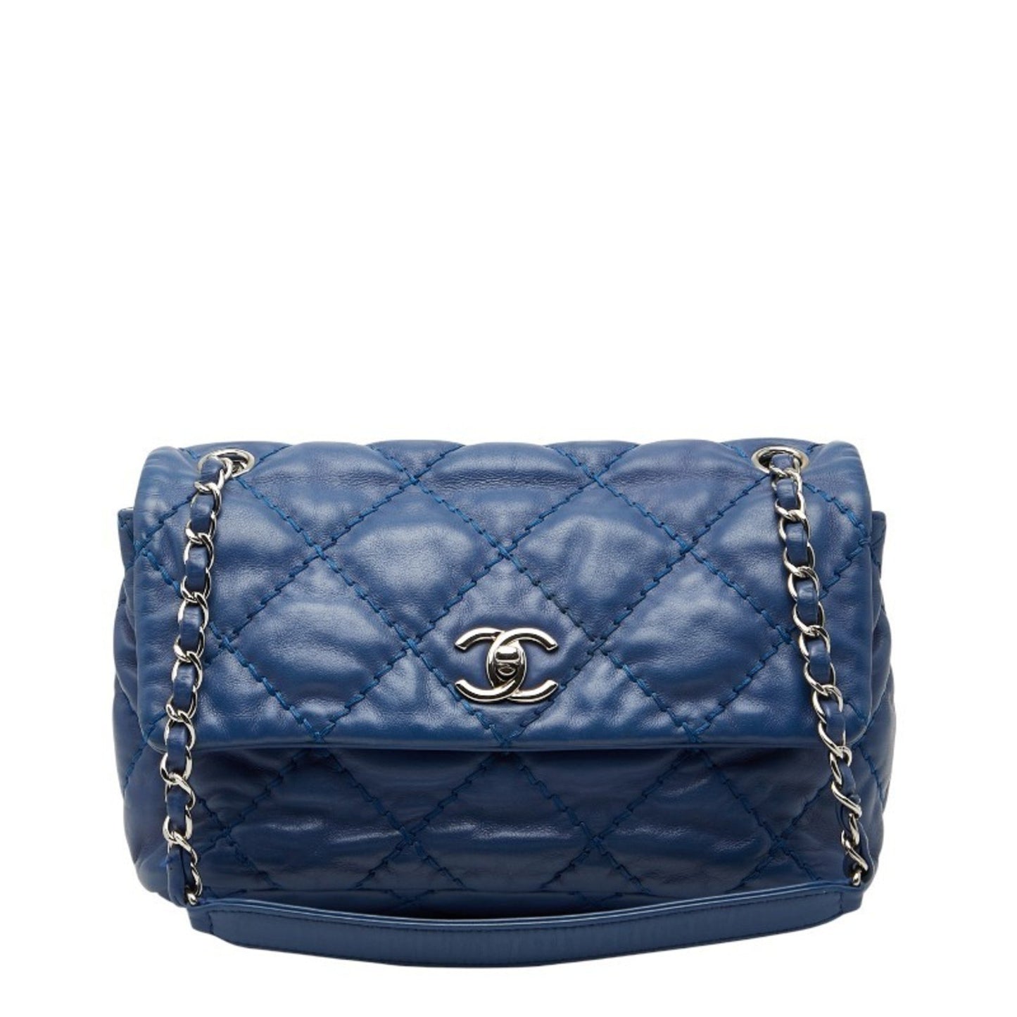 Chanel Wild Stitch Coco Mark Chain Shoulder Bag Handbag Blue Silver Hardware Lambskin