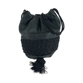 Loewe Vintage Logo Fringe Black Leather Shoulder Bag Drawstring