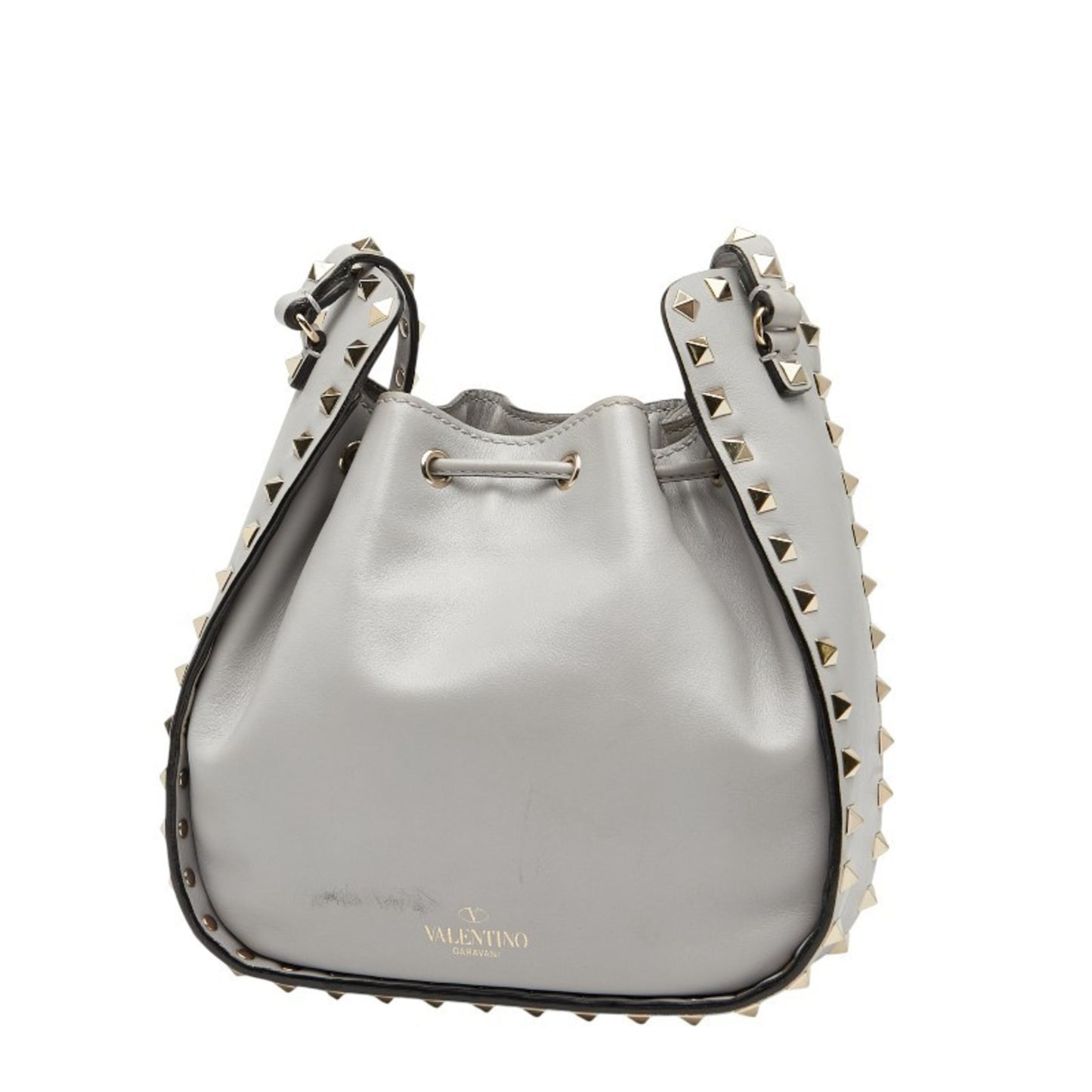 Valentino Rockstud Drawstring Shoulder Bag In Gray Leather