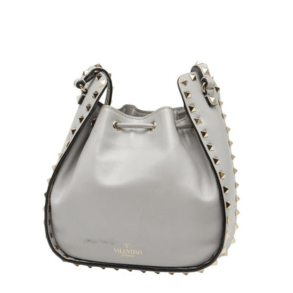 Valentino Rockstud Drawstring Shoulder Bag In Gray Leather